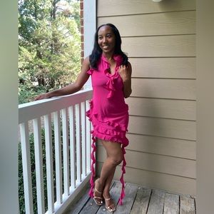 BRAND NEW// Shape Pink Woven Halterneck Frill Detail Mini Dress (Size 4)